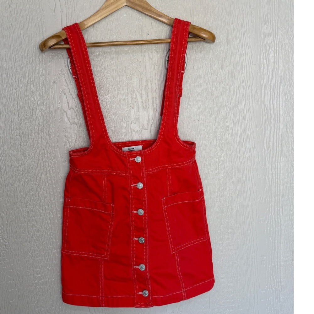 Forever 21 Red/Orange Denim Pinafore Overall Skirt Button Front Adjustable Small